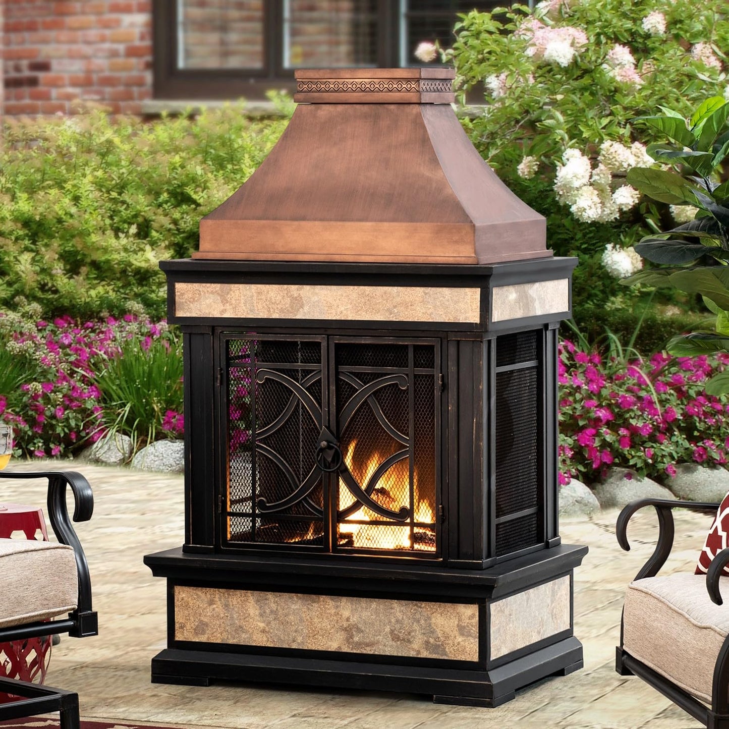 Outdoor Steel Chiminea Fireplace with Ceramic Tile Finish