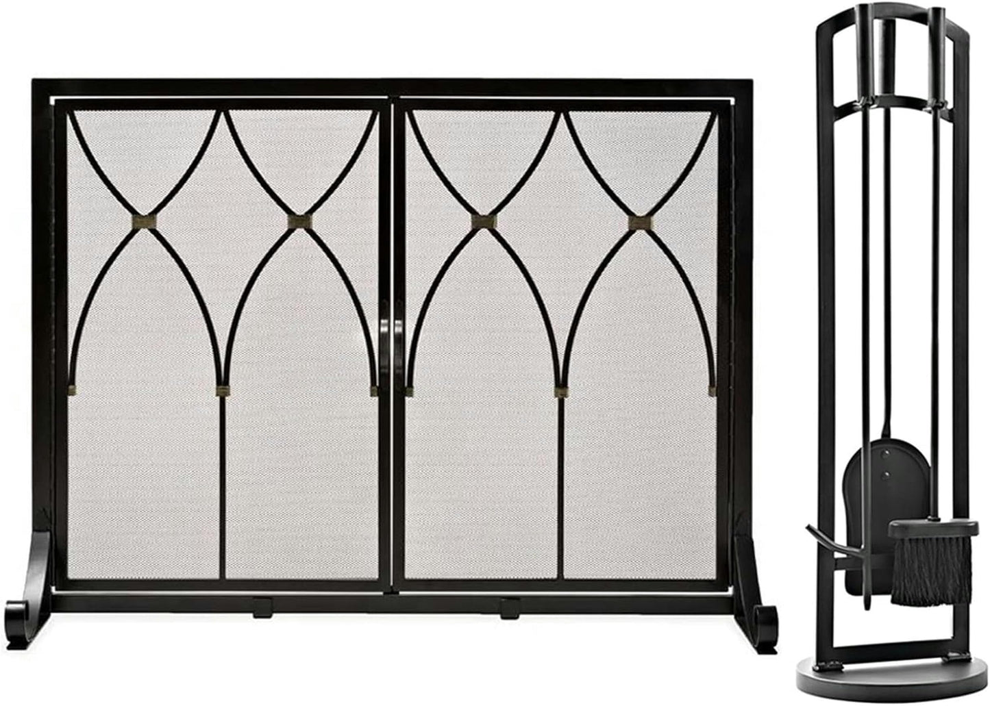 Double-Door Fireplace Screen with Tool Set and Grate