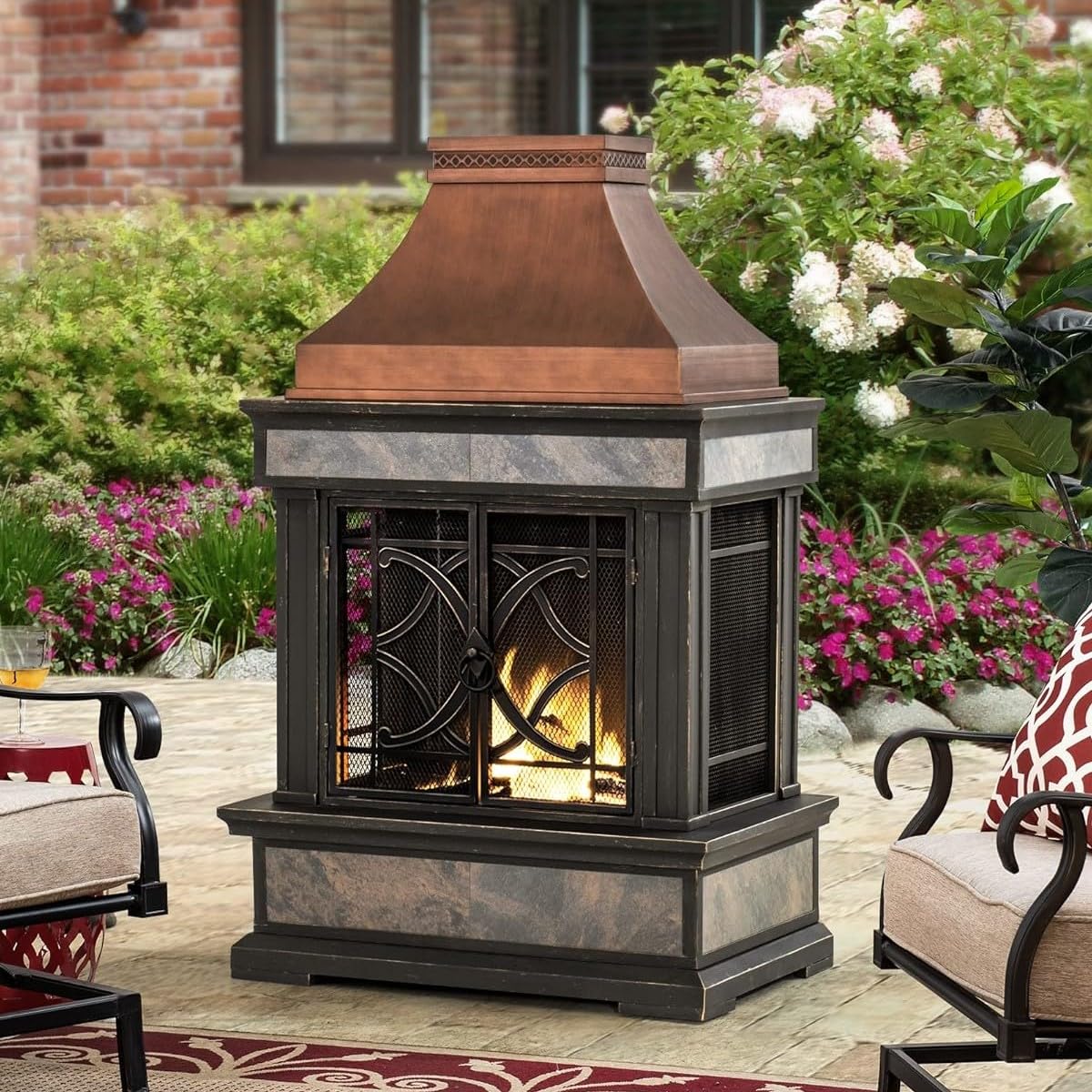 Outdoor Steel Chiminea Fireplace with Ceramic Tile Finish
