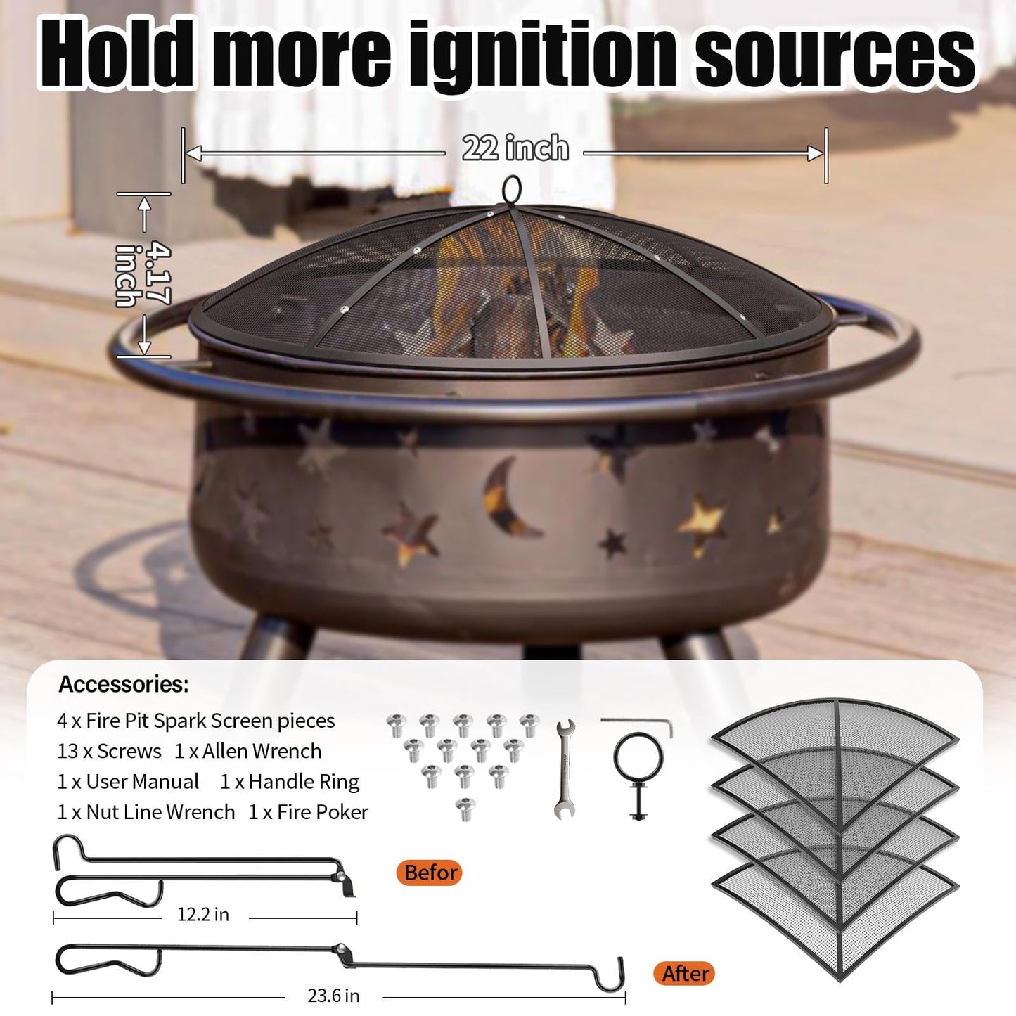 Heavy-Duty Fire Pit Spark Screen with Handle and Poker
