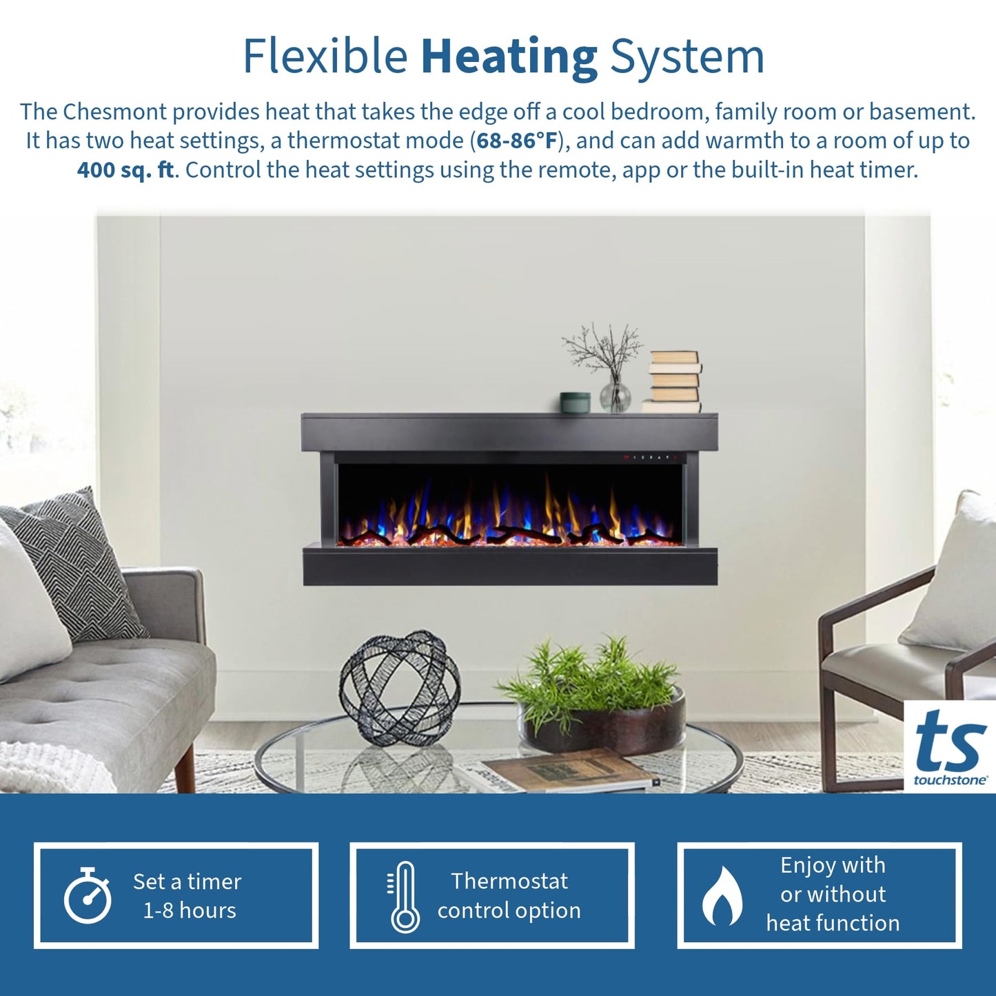 Smart Wall Mounted Electric Fireplace with Mantel
