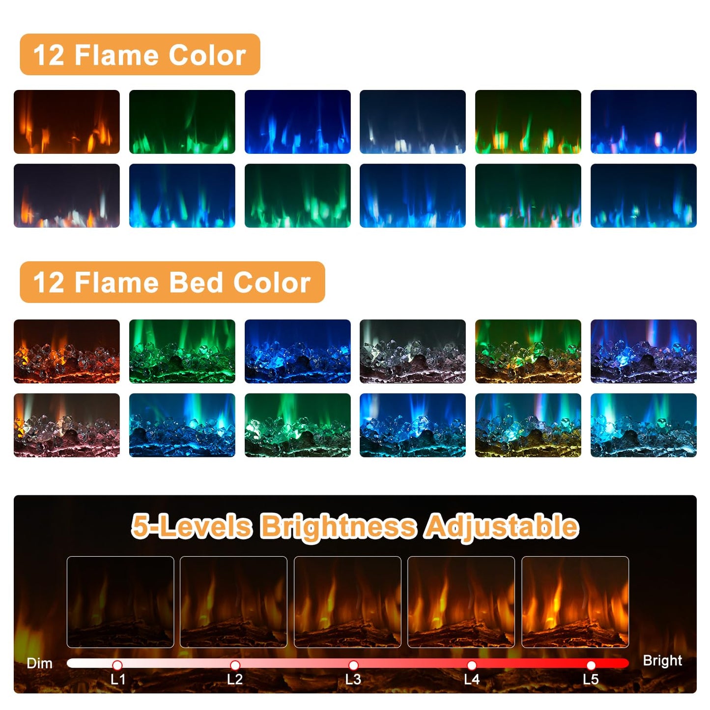 OneBlis Electric Fireplace, Adjustable Color Flame