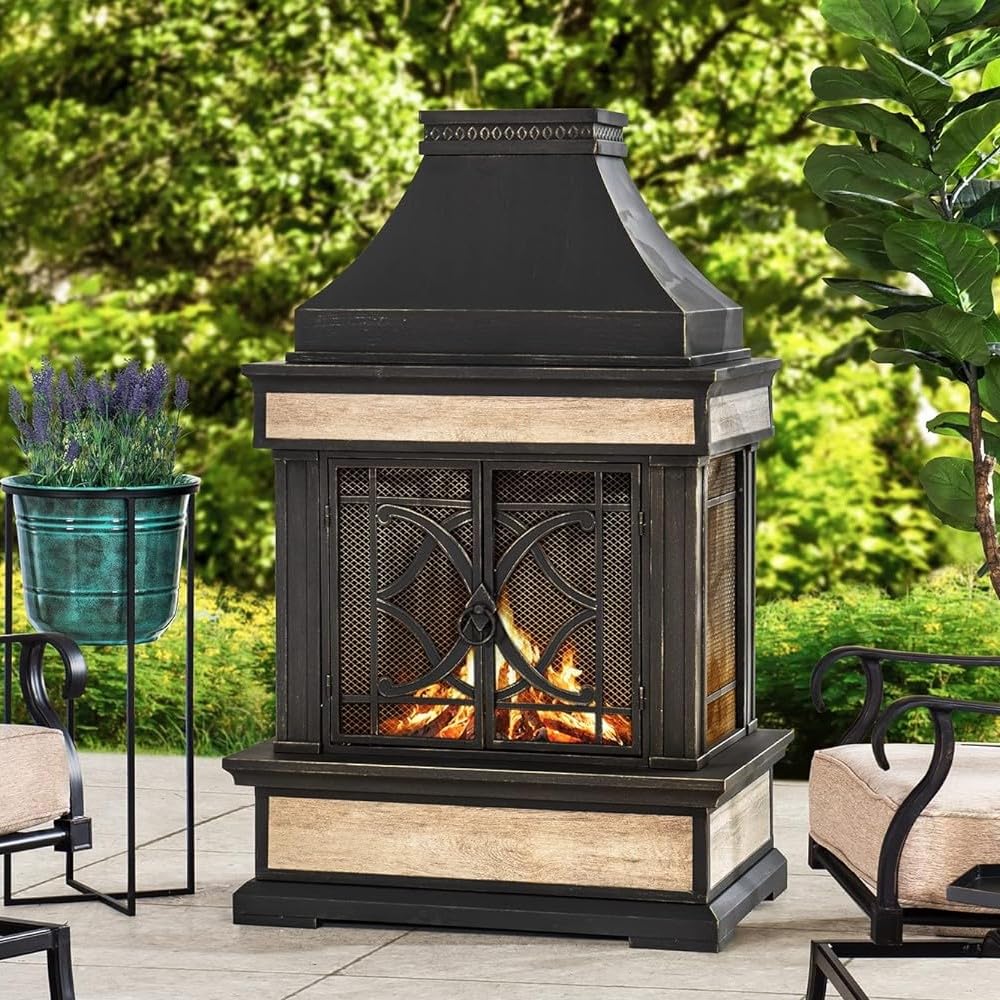 Outdoor Steel Chiminea Fireplace with Ceramic Tile Finish