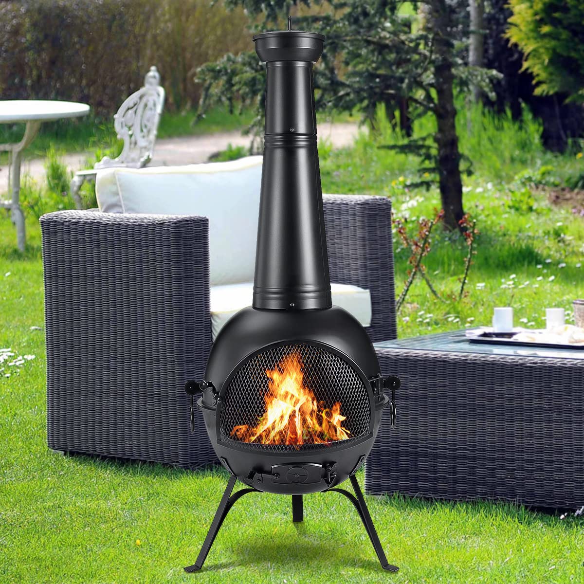 Outdoor Chiminea Fireplace with Cover for Patio and Backyard