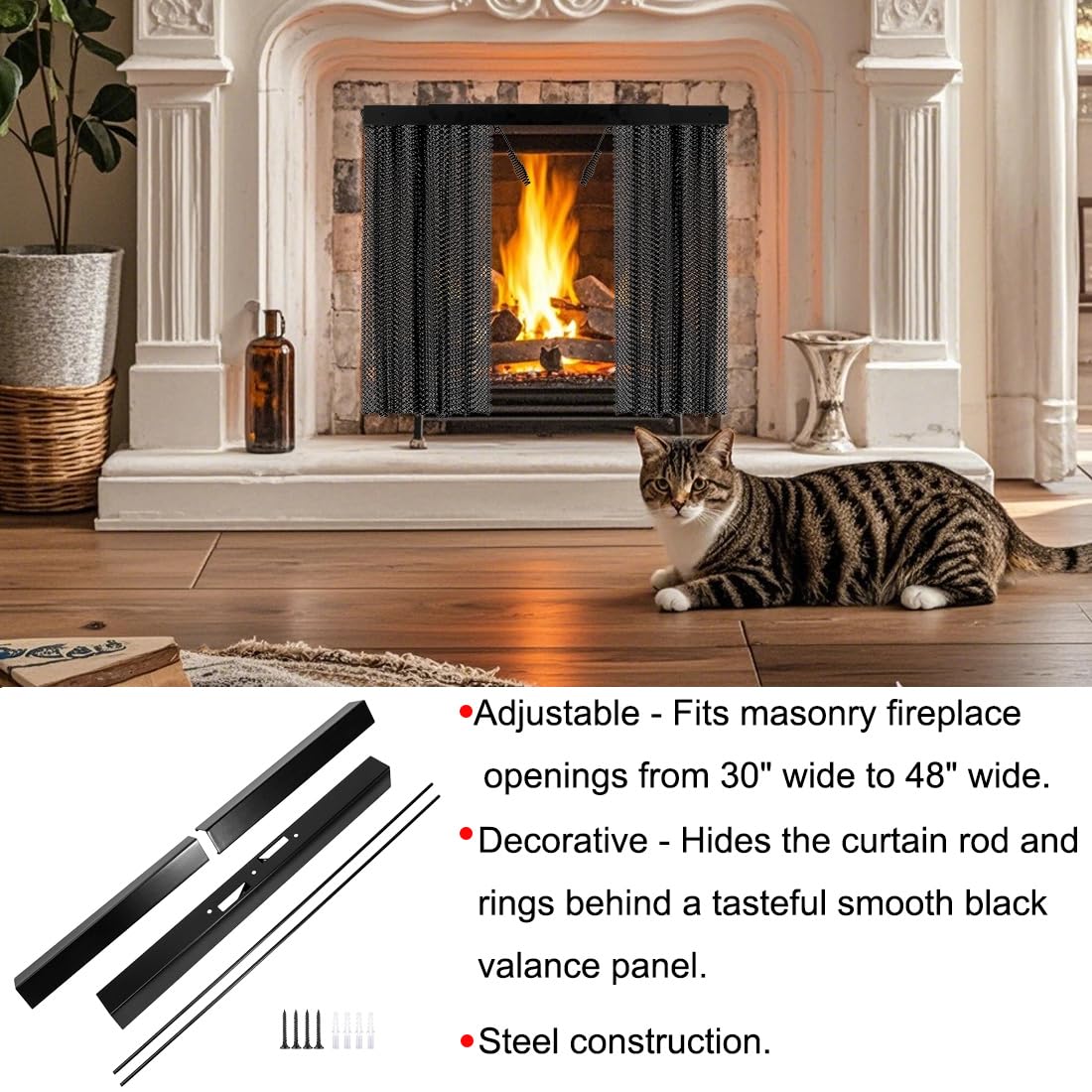 Fireplace Mesh Curtain Kit with Adjustable Rod