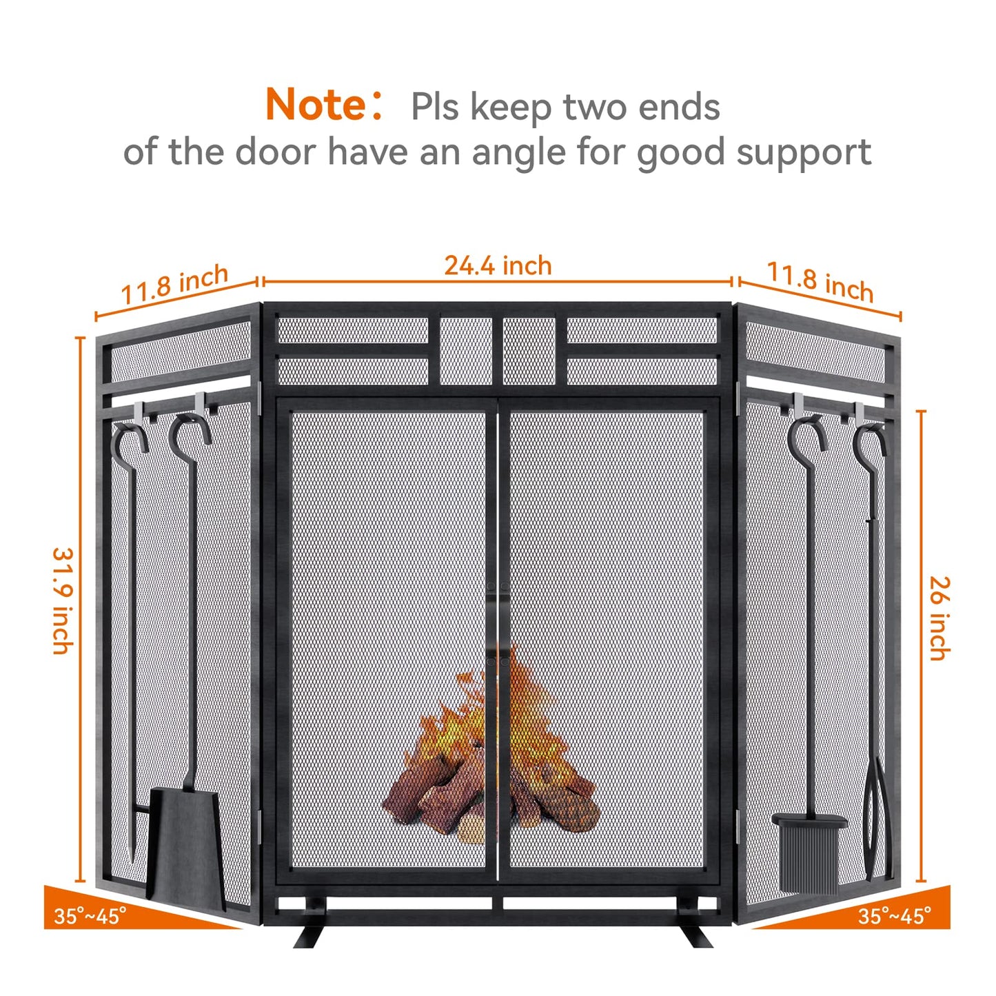3-Panel Fireplace Screen with Doors and Tool Set