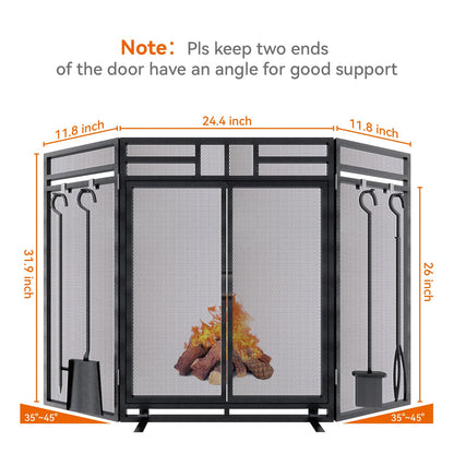 3-Panel Fireplace Screen with Doors and Tool Set
