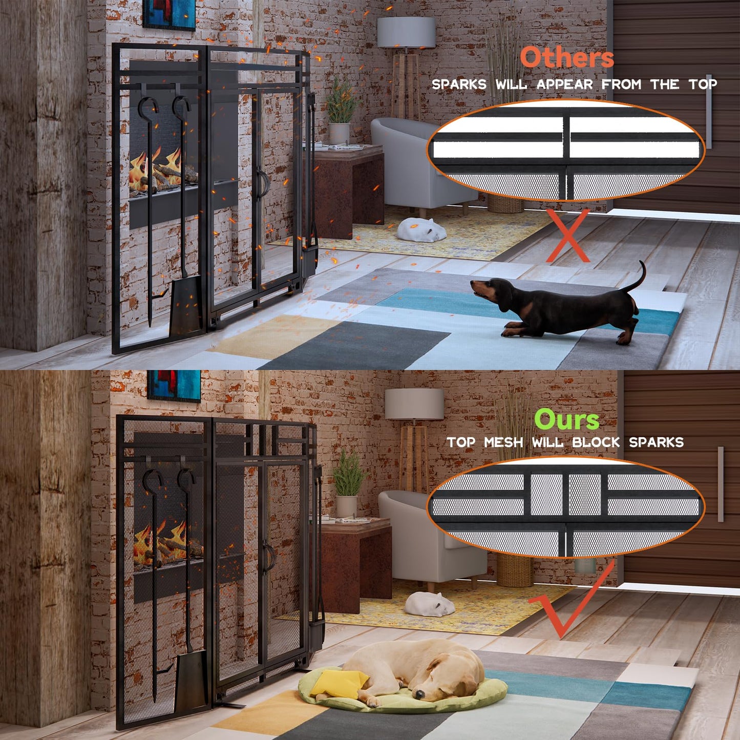 3-Panel Fireplace Screen with Doors and Tool Set