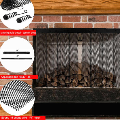 Fireplace Mesh Curtain Kit with Adjustable Rod