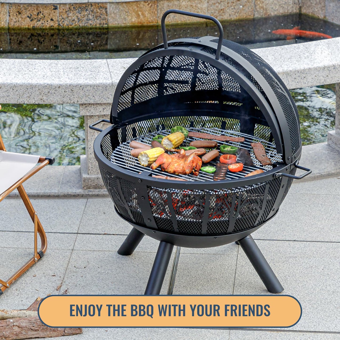 35-Inch Wood Burning Fire Pit with BBQ Grill and Screen