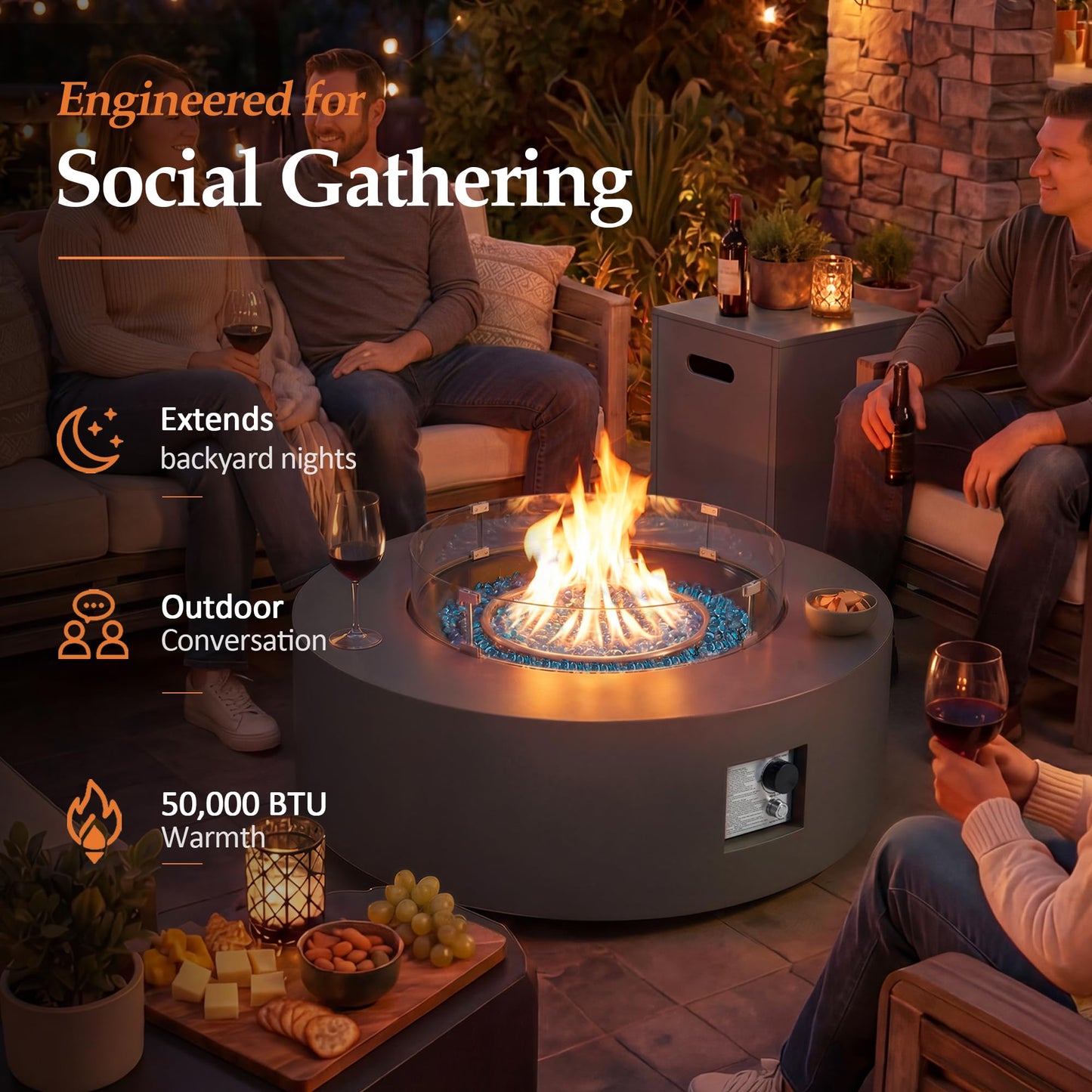 Round Propane Fire Pit Table with Wind Guard