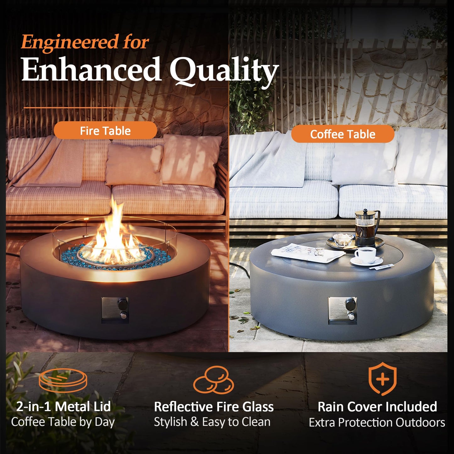 Round Propane Fire Pit Table with Wind Guard
