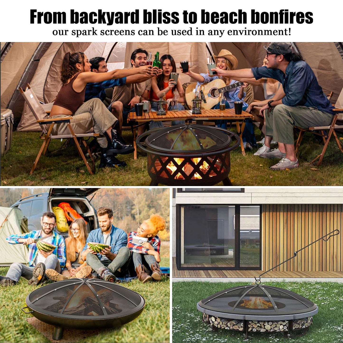 Heavy-Duty Fire Pit Spark Screen with Handle and Poker