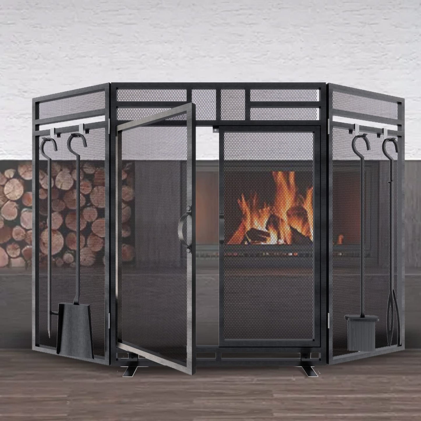 3-Panel Fireplace Screen with Doors and Tool Set