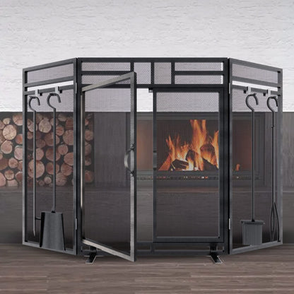 3-Panel Fireplace Screen with Doors and Tool Set