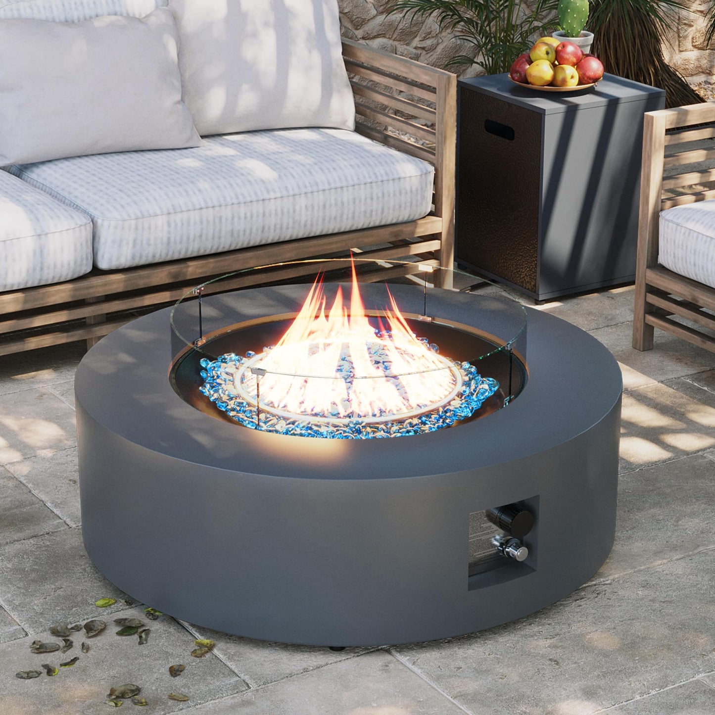 Round Propane Fire Pit Table with Wind Guard