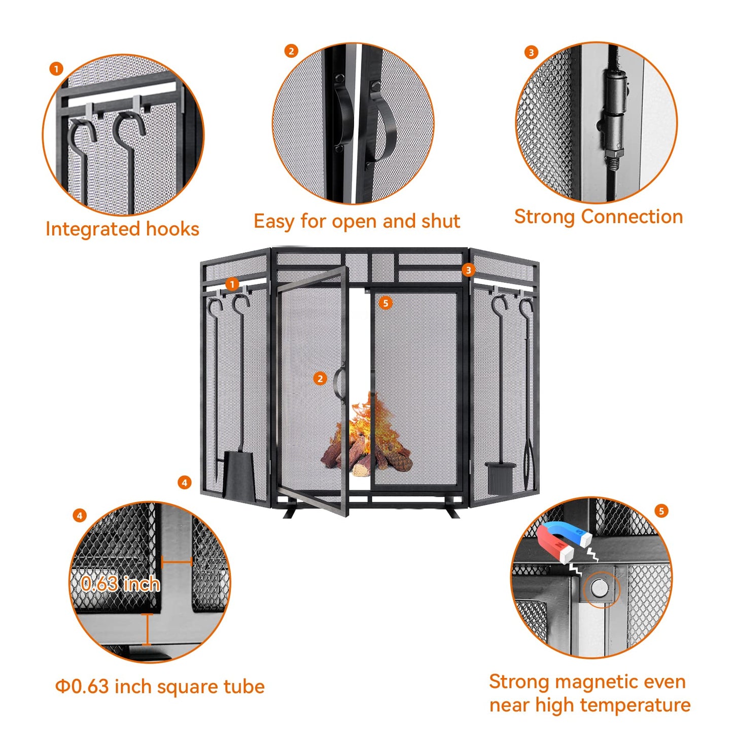 3-Panel Fireplace Screen with Doors and Tool Set