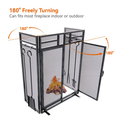 3-Panel Fireplace Screen with Doors and Tool Set