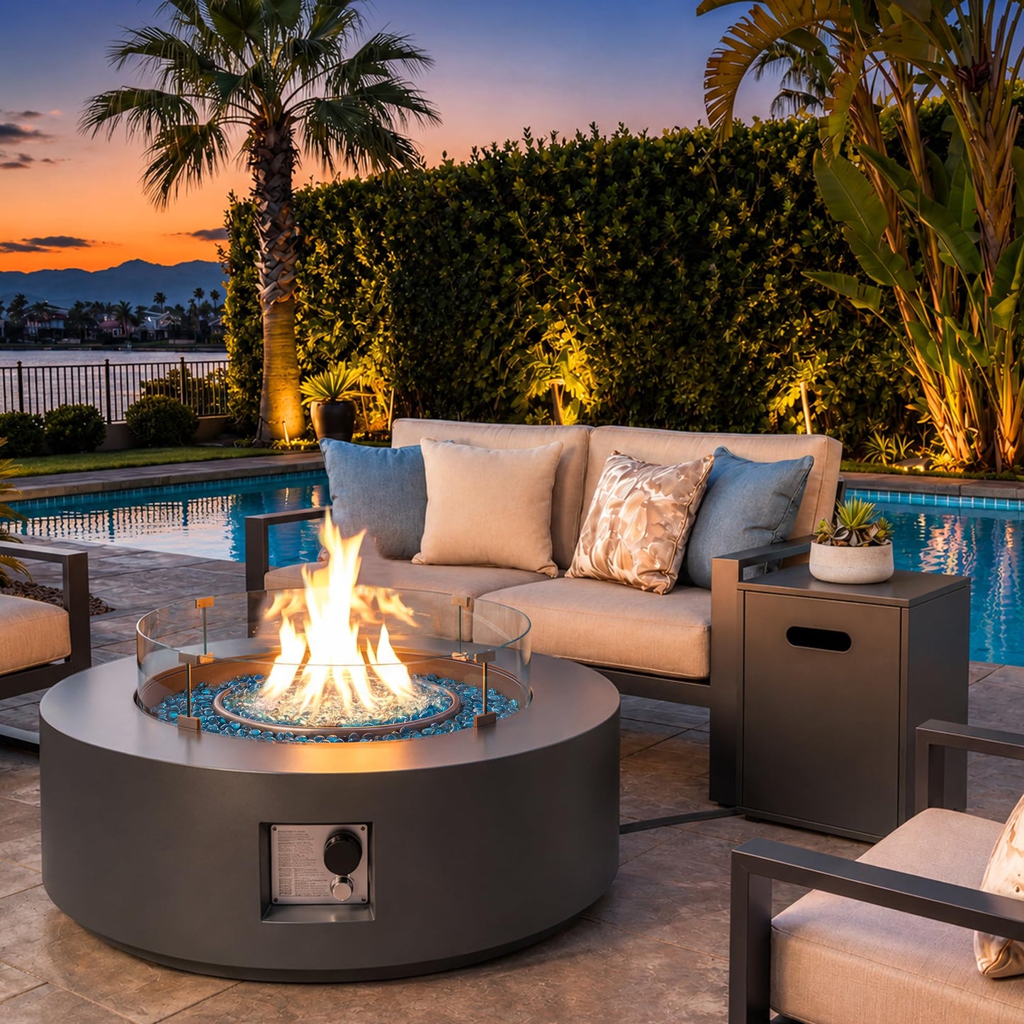 Round Propane Fire Pit Table with Wind Guard