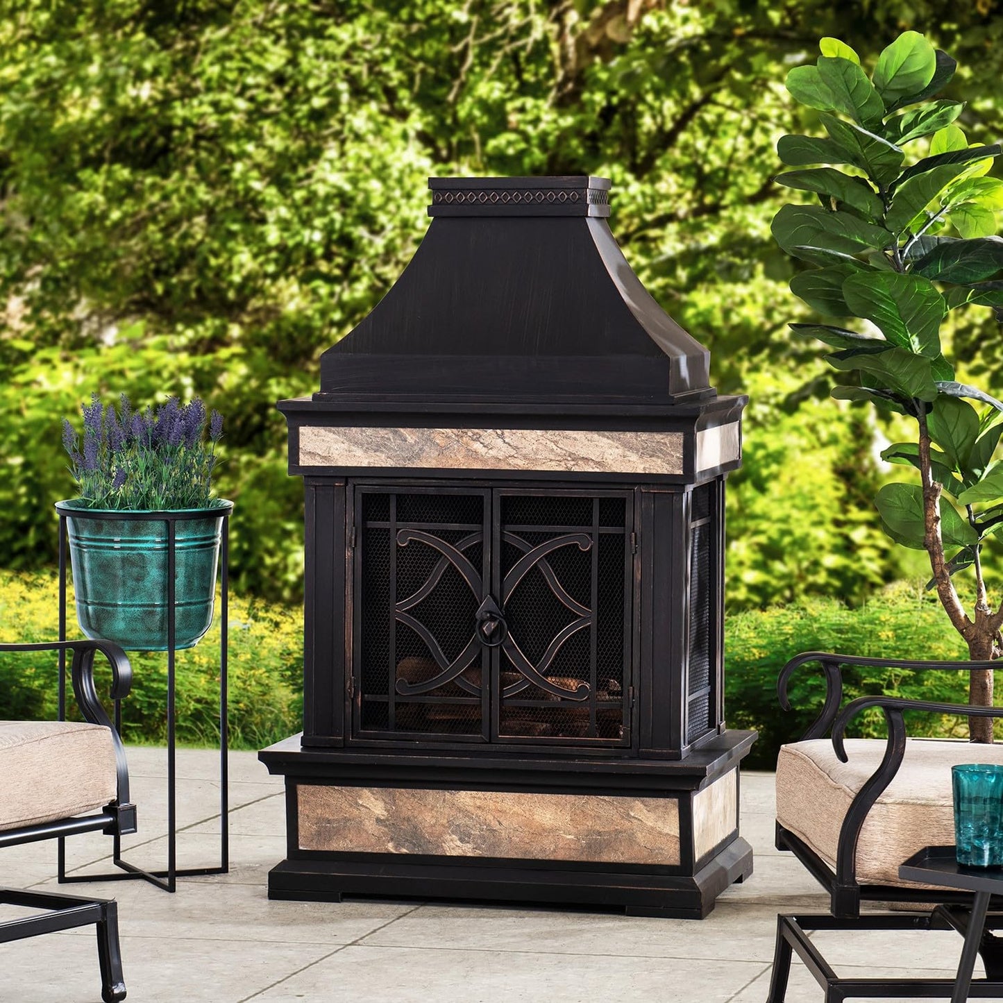 Outdoor Steel Chiminea Fireplace with Ceramic Tile Finish