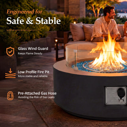 Round Propane Fire Pit Table with Wind Guard