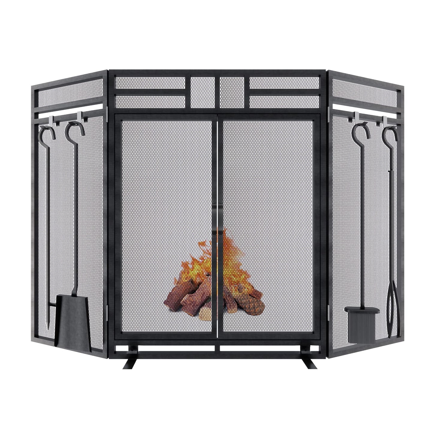 3-Panel Fireplace Screen with Doors and Tool Set