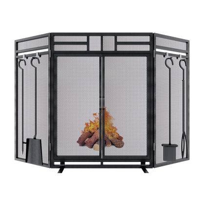 3-Panel Fireplace Screen with Doors and Tool Set