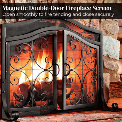Wrought Iron Fireplace Screen with Decorative Mesh