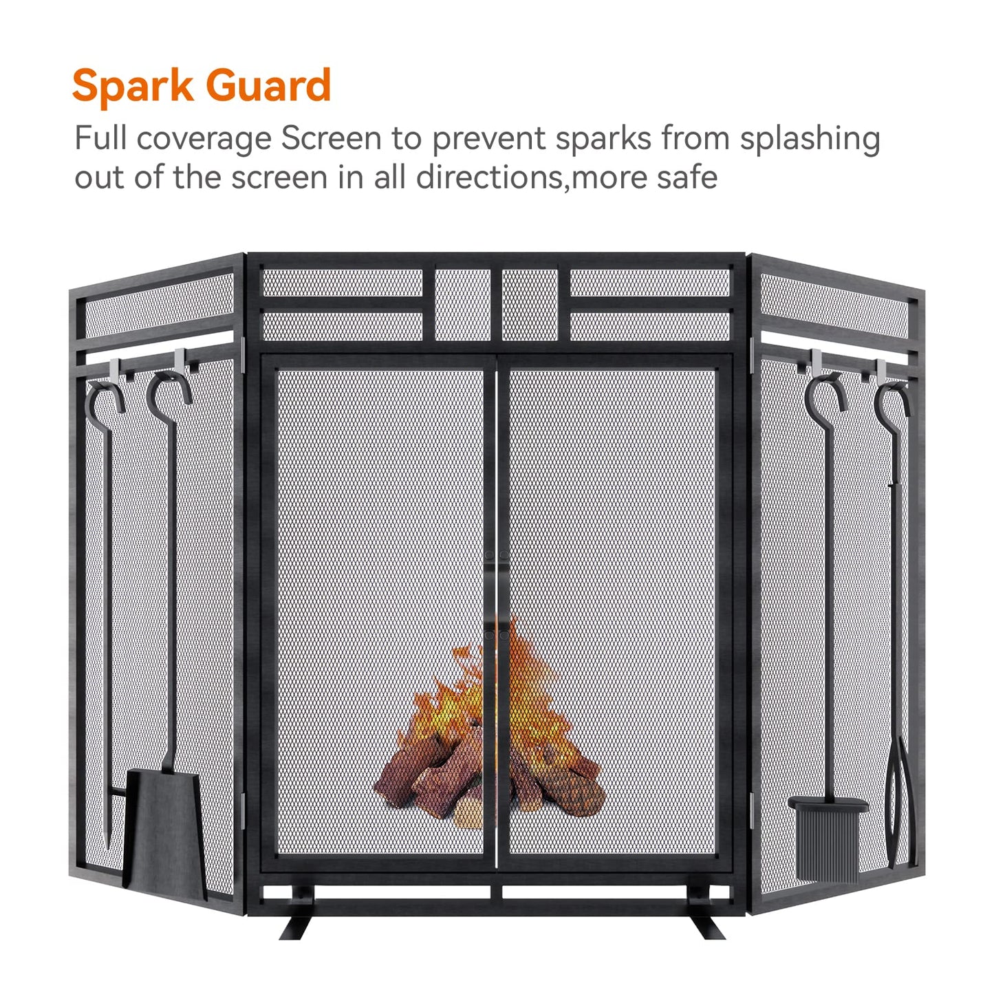 3-Panel Fireplace Screen with Doors and Tool Set