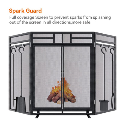 3-Panel Fireplace Screen with Doors and Tool Set