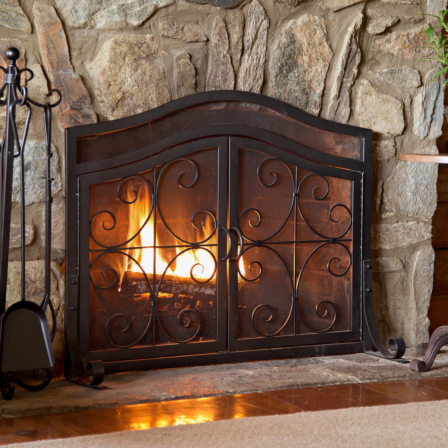 Wrought Iron Fireplace Screen with Decorative Mesh