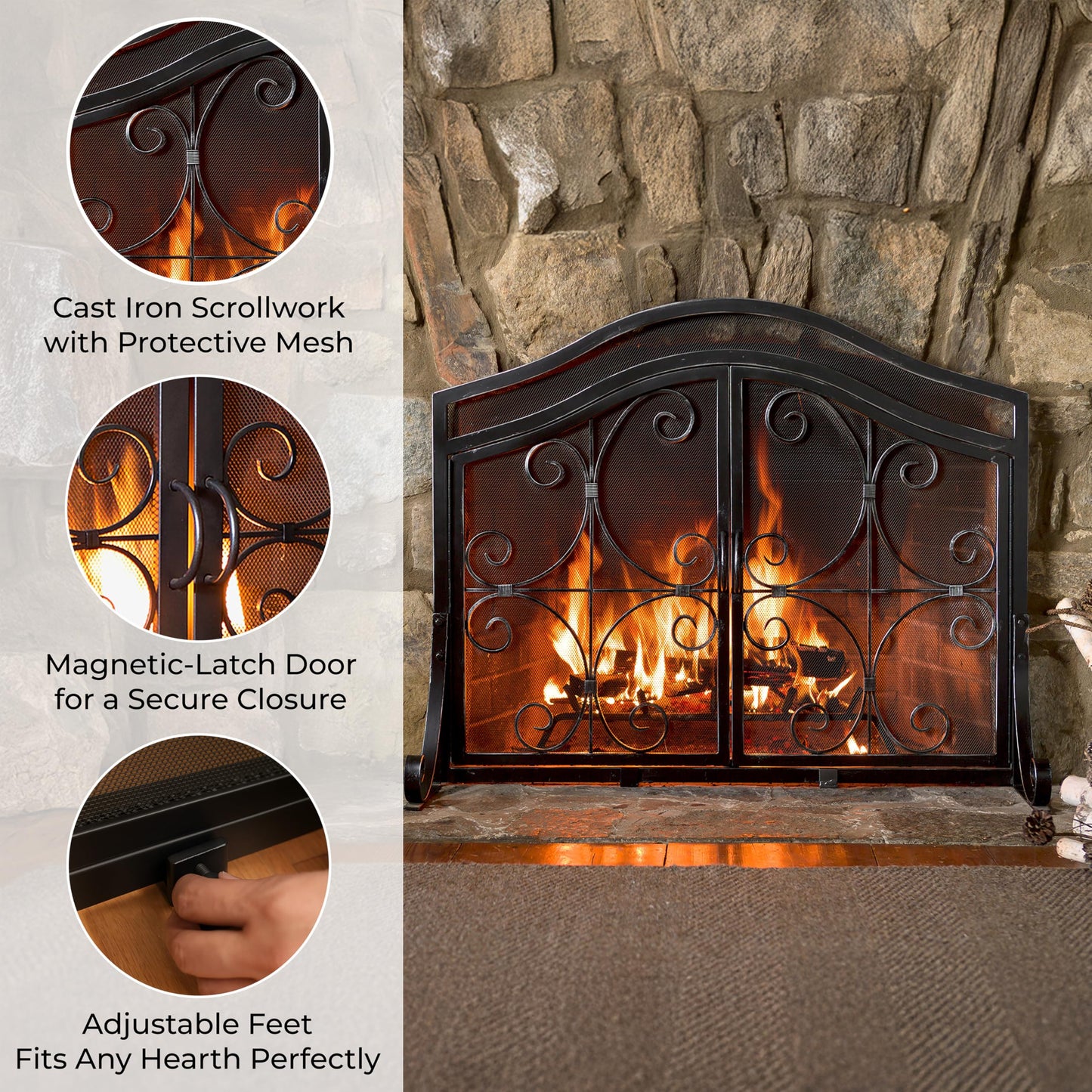 Wrought Iron Fireplace Screen with Decorative Mesh
