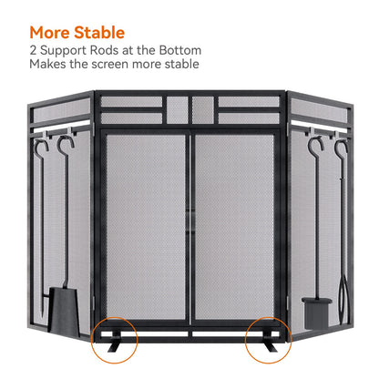 3-Panel Fireplace Screen with Doors and Tool Set